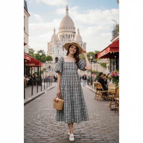 Faithfull the Brand Kiona Black and White Checker Print Midi Dress Size M NWT - Picture 1 of 9